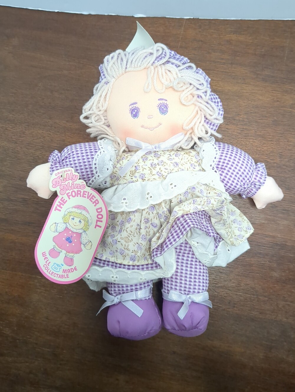 Vintage Dolly Mine Cloth Doll Purple Plaid  Dress  22" Bonnet Tags